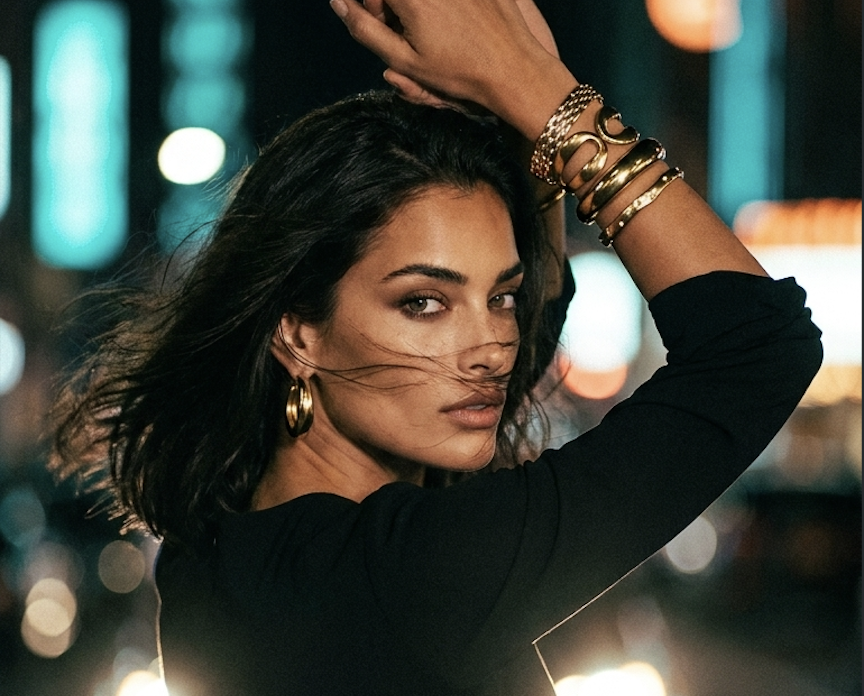 Model at night wearing stacked gold bangles and chunky gold hoop earrings